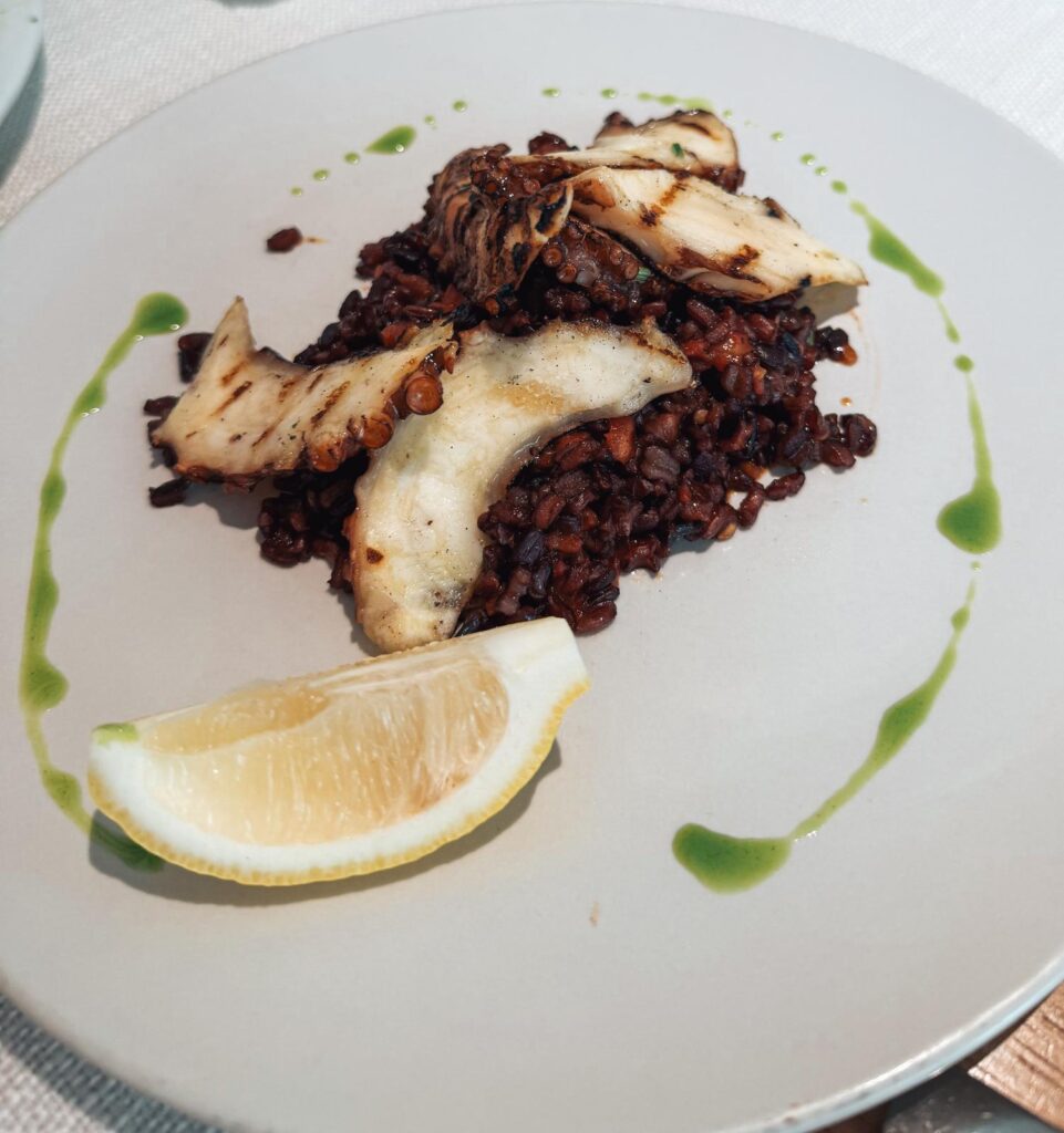 Creamy risotto served in a shallow bowl at Te Varkat restaurant in Tirana. The dish is garnished with herbs and seafood accents, reflecting a refined dining experience among the best restaurants in Tirana.