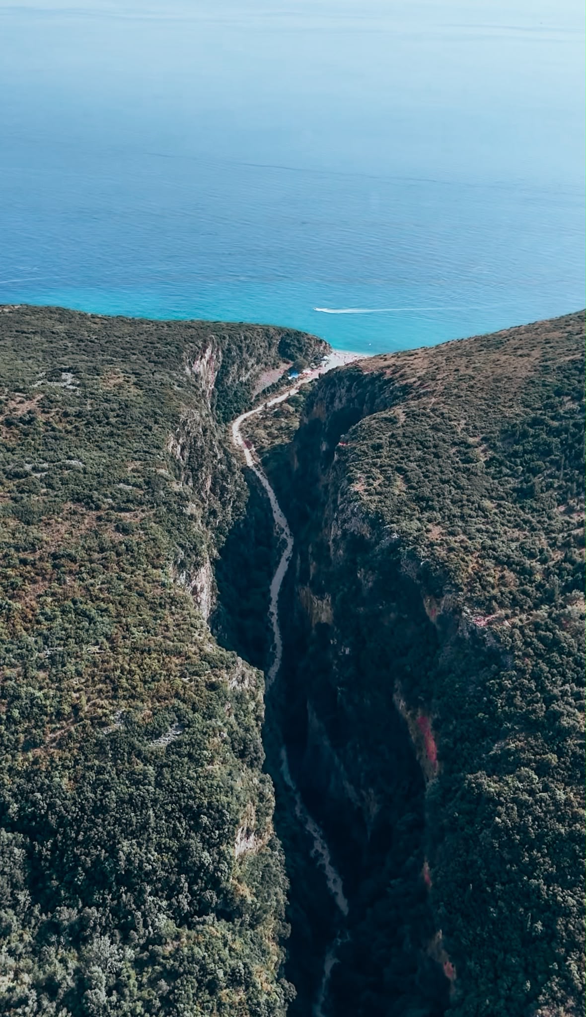 Aerial view of Gjipe Canyon showing steep limestone cliffs carved down to a narrow beach where turquoise water meets the Ionian Sea. The winding gorge and isolated shoreline highlight the remote landscape reached when traveling from Himarë to Gjipe Beach.