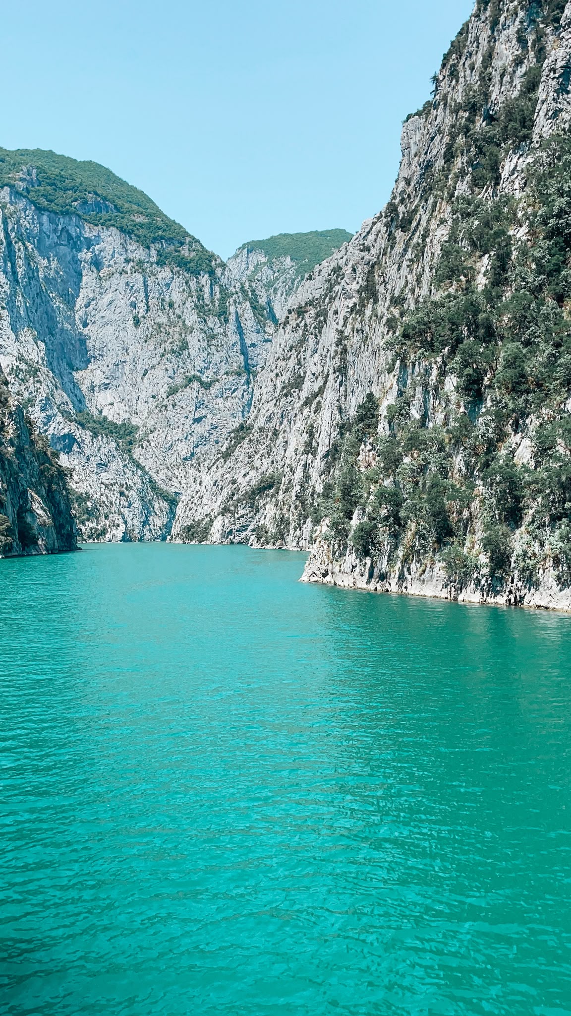 Turquoise waters of Komani Lake stretch between towering green mountains and steep rocky cliffs in northern Albania. The scenic ferry route through the lake offers a dramatic introduction to the landscapes of the Albanian Alps.