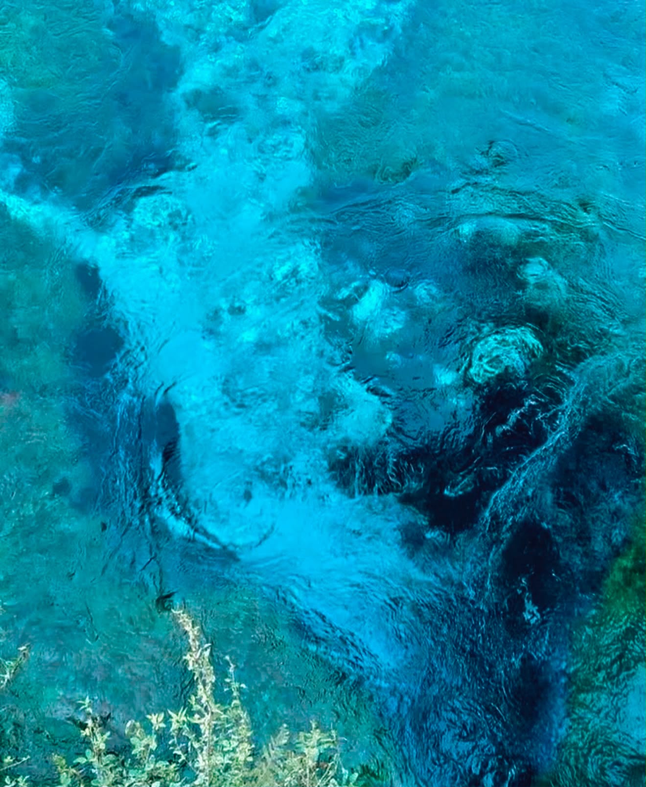 Turquoise water fills the circular spring at The Blue Eye Saranda as seen from the wooden viewing platform. Dense green trees surround the crystal clear pool, highlighting the vivid blue center of this natural attraction.